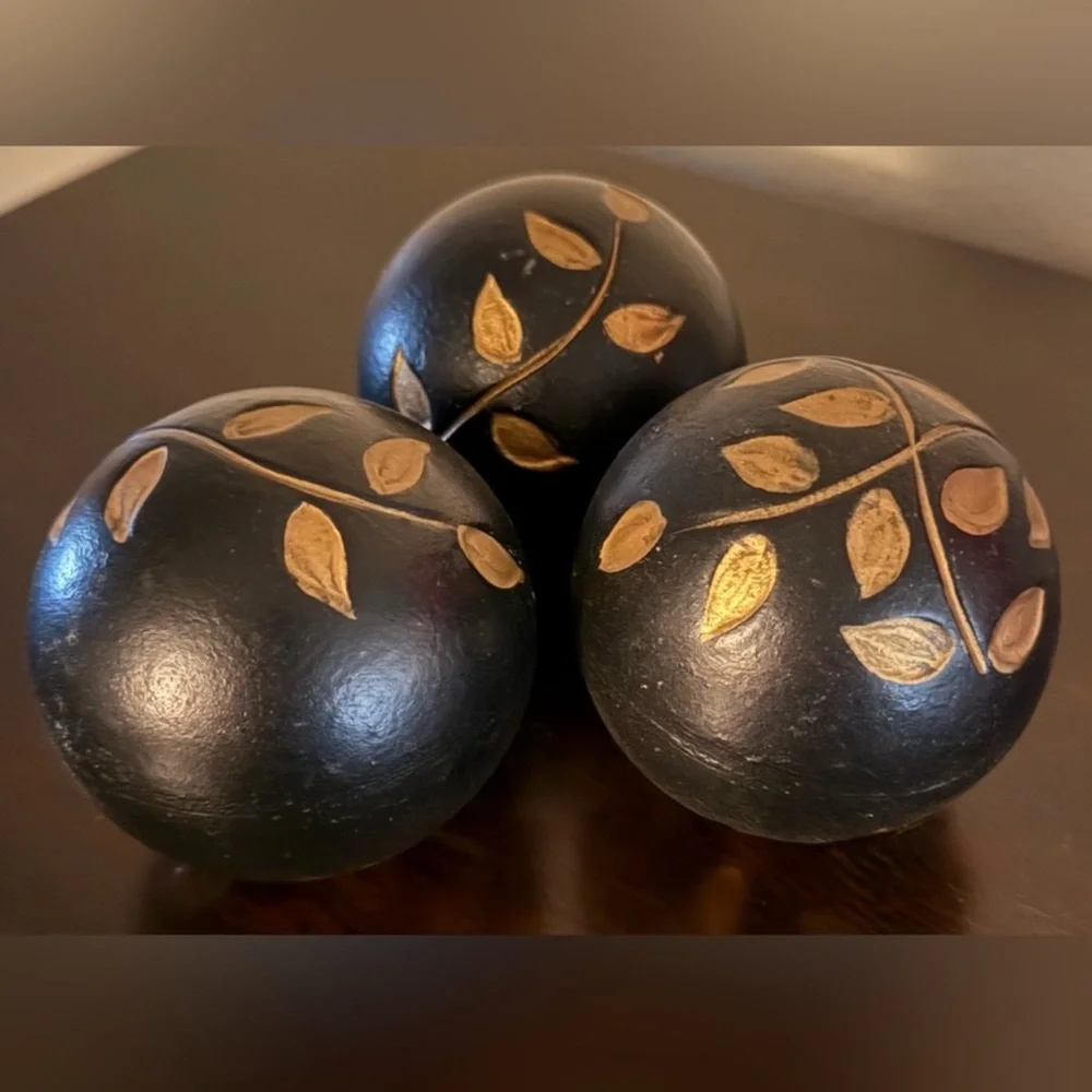 Pier 1 Earthy Black & Tan Decorative Orbs Set (3) | 3” Spheres | Modern Wood